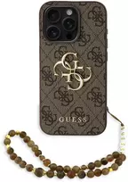 Guess PU 4G Metal Logo Strap dėklas skirtas Apple iPhone 15 Pro Max rudos spalvos