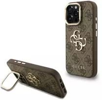 Guess PU 4G Metal Logo Stand Camera Frame dėklas skirtas Apple iPhone 15 Pro Max rudos spalvos