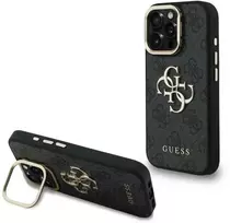 Guess PU 4G Metal Logo Stand Camera Frame dėklas skirtas Apple iPhone 16 Pro juodos spalvos