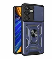 Dėklas Hurtel Hybrid Armor Camshield su stovu ir kameros apsauginiu dangteliu, skirtas Samsung Galaxy S25 Edge – Mėlynas