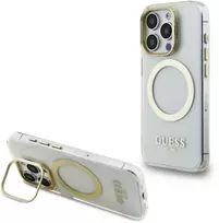 Guess IML Gold Outline Stand Camera Frame MagSafe dėklas skirtas Apple iPhone 15 Pro skaidrus