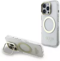Guess IML Gold Outline Stand Camera Frame MagSafe dėklas skirtas Apple iPhone 16 Pro Max skaidrus