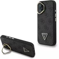 Guess PU 4G Strass Triangle Logo Stand Camera Frame MagSafe dėklas skirtas Apple iPhone 16 juodos spalvos