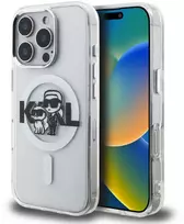 Karl Lagerfeld IML Glitter Karl and Choupette Sketch MagSafe dėklas iPhone 16 Pro skaidrus