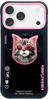 NIMMY dėklas GLASSES COOL CAT, suderinamas su „MagSafe“, skirtas IPHONE 17, juodas, rožinis
