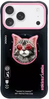 NIMMY dėklas GLASSES COOL CAT, suderinamas su „MagSafe“, skirtas IPHONE 17 Pro, juodas, rožinis