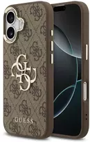 Guess PU Leather 4G Metal Logo Gold Frame dėklas skirtas Apple iPhone 17 rudos spalvos