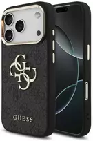 Guess PU Leather 4G Metal Logo Gold Frame dėklas skirtas Apple iPhone 17 Pro juodos spalvos