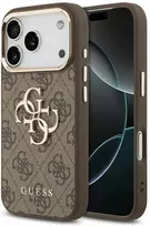 Guess PU Leather 4G Metal Logo Gold Frame dėklas skirtas Apple iPhone 17 Pro rudos spalvos