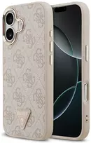 Guess PU Leather 4G Strass Triangle Logo Gold Frame MagSafe dėklas skirtas Apple iPhone 17 rožinės spalvos