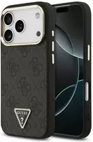 Guess PU Leather 4G Strass Triangle Logo Gold Frame MagSafe dėklas skirtas Apple iPhone 17 Pro juodos spalvos
