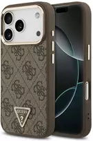 Guess PU Leather 4G Strass Triangle Logo Gold Frame MagSafe dėklas skirtas Apple iPhone 17 Pro rudos spalvos