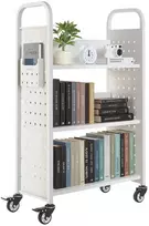 3 pakopų mobili bibliotekėlė, vienpusė L formos, balta knygų vežimėlis, tvirtas, skirta klasei, mokyklinė lentyna