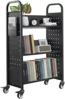 3 pakopų riedukas knygoms, V formos lentynos, juodas knygų vežimėlis, mobili lentyna, bibliotekos vežimėlis mokyklai