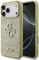 Guess Fixed Glitter Big 4G Metal Frame dėklas skirtas Apple iPhone 17 Pro Max aukso spalvos