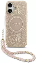 „Guess IML Flowers Electro Pearl Strap MagSafe“ dėklas Apple iPhone 17 telefonui, rožinis
