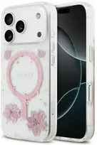 GUESS dėklas, skirtas IPHONE 17 Pro, suderinamas su MagSafe GUHMP17LRBFGFGMP (dervos gėlės ir blizgučiai), rožinis