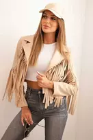 Style Moteriška dirbtinės odos striukė su kutais, boho stiliaus, šviesiai kupranugario spalvos