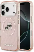 Karl Lagerfeld IML Glitter Karl & Choupette Heads Logo MagSafe dėklas skirtas Apple iPhone 17 Pro rožinės spalvos
