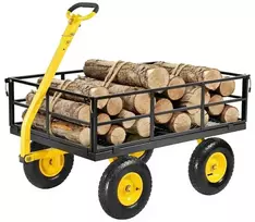 Didelio našumo plieno sodo vežimėlis, 544kg talpa, 2-in-1 dizainas, guminės padangos, geltonas universalus vežimėlis, ūkio kiemo vežimėlis