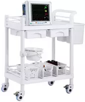 Laboratorijos vežimėlis, 2 lygių mobilus riedantis vežimėlis su stalčiais ir ratukais klinikoms, ligoninėms, salonams, 2 stalčių medicininis vežimėlis su šiukšliadėžėmis