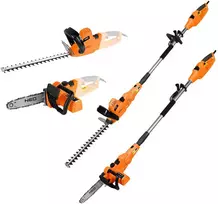 Urządzenie 2 viename sodo įrankis su strėle: 750 W 250 mm grandininis pjūklas + 550 W 460 mm gyvatvorių žirklės