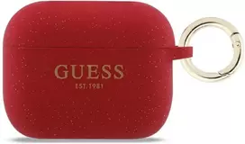 „Guess“ silikoninis blizgučių žiedinis dėklas, skirtas „AirPods Pro 3“ ausinėms – Raudona ir blizgučiai