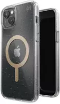 Speck Presidio Perfect-Clear su blizgučiais + MagSafe – iPhone 15 Plus / 14 Plus dėklas su MICROBAN danga (Clear / Gold Glitter)