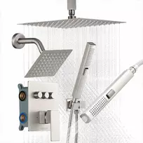 Dušo maišytuvo komplektas, 254 mm lubinė lietaus dušo sistema su 152 mm sienine galvute ir du viename rankiniu purkštuvu, pasukama 3 funkcijų dviguba galvutė, šlifuotas nikelis, vonios kambario įranga
