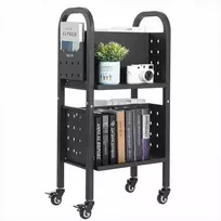 Stumdomas bibliotekos knygų vežimėlis su dvipusėmis L formos lentynomis, 70 kg galia, užfiksuojami ratukai biurui ir mokyklai, metalinė lentyna