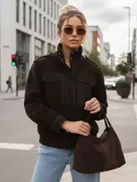 Moteriška šokoladinės spalvos zomšinė bomber striukė Silin