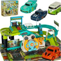 Automobilių takelis, garažas, dinozauras, 4 automobiliai
