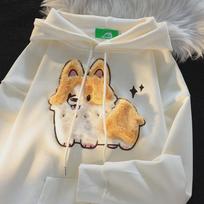 Cartoon Corgi Embroidered Fleece Hoodie for Women 2024 - Autumn/Winter Casual Unisex Pullover Large juoda