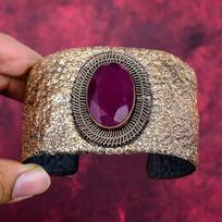 Fasetuotas Kasmirro rubino apyrankė-manžetė, apvyniota varine viela, reguliuojama, rankų darbo apyrankė, brangakmenio vario papuošalai, dovanos jam, unikali apyrankė Adjustable