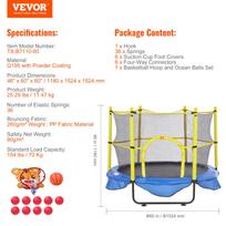 VEVOR 60  5FT Batutas vaikams patalpoje ir lauke su saugos tinklu, krepšinio lanku ir jūros kamuoliukais vaikams