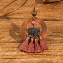 Bohemian Sweater Chain Choker Necklace For Women Round Wooden Boho Handmade Beads Tassel Metal Pendant Vintage Necklace Zircon