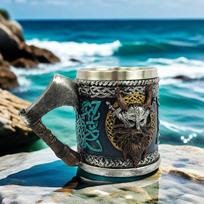 Viking Stainless Steel Single Handle Horn Skull Beer Stein Cup, Nordic Viking Warrior Skull Mug Tankard Halloween Bar Drinkware 401-500ml