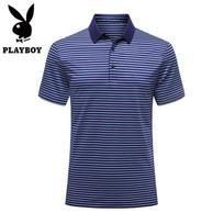 Playboy Men's Summer Mulberry Silk Blend Striped Polo Shirt 120 safyro mėlyna spalva