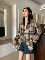 Women's Hong Kong Retro Plaid Loose Long-Sleeve Shirt for Spring/Autumn S (recommended 40-47.5 kg)