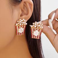 Cute Rhinestone Beaded Popcorn Stud Earrings for Women Exquisite Imitation Pearl Food Creative Earring Holiday Party Zircon