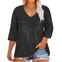 Women's Loose Large Size Solid Color Sequined V-Neck Three-quarter Sleeve T-Shirt Top L juoda