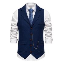 Men's Retro Lapel Chain Vest Fashion Herringbone Coarse Tweed Pockets Suit Vest British Casual Vintage Gentleman Leisure Party S tamsiai mėlyna spalva