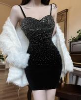 Small hot diamond black dress short skirt suspender birthday dinner host summer short hip dress women S juoda