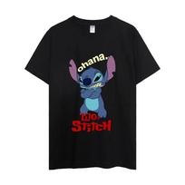 MINISO Disney Lilo Stitch T Shirt Men Couple Combination Clothes Short Sleeve Collar Fashion Woman Cotton#Color S juoda