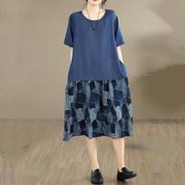 Short sleeve Plus size vintage Patchwork new in dresses for women casual loose long summer dress L tamsiai mėlyna spalva