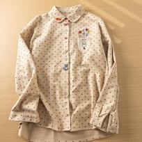 Womens Polka Dot Embroidered Cat Button Up Shirt S smėlis