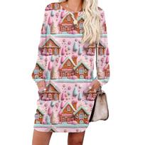Women's Snowflake Print Fashionable Long-sleeved Round-neck Pocket Dress XXL