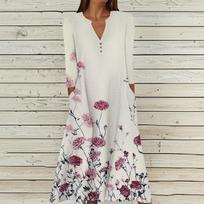 Women's Summer Casual V-Neck Button Vintage Floral Print Three-quarter Sleeve Long Dress With Pockets S smėlis