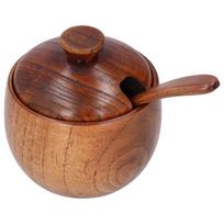 Kitchen Supplies Wooden Sugar Bowl with Lid and Spoon Round Condiment Pot Durable Decorative Seasoning Jar Home Kitchen šviesiai pilka spalva