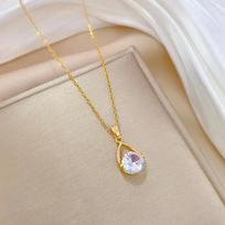 Luxury Water Drop Crystal Pendant Necklace for Women Korea Trendy Gold Color Stainless Steel Bride Collar Zircon Accessory Gift auksas